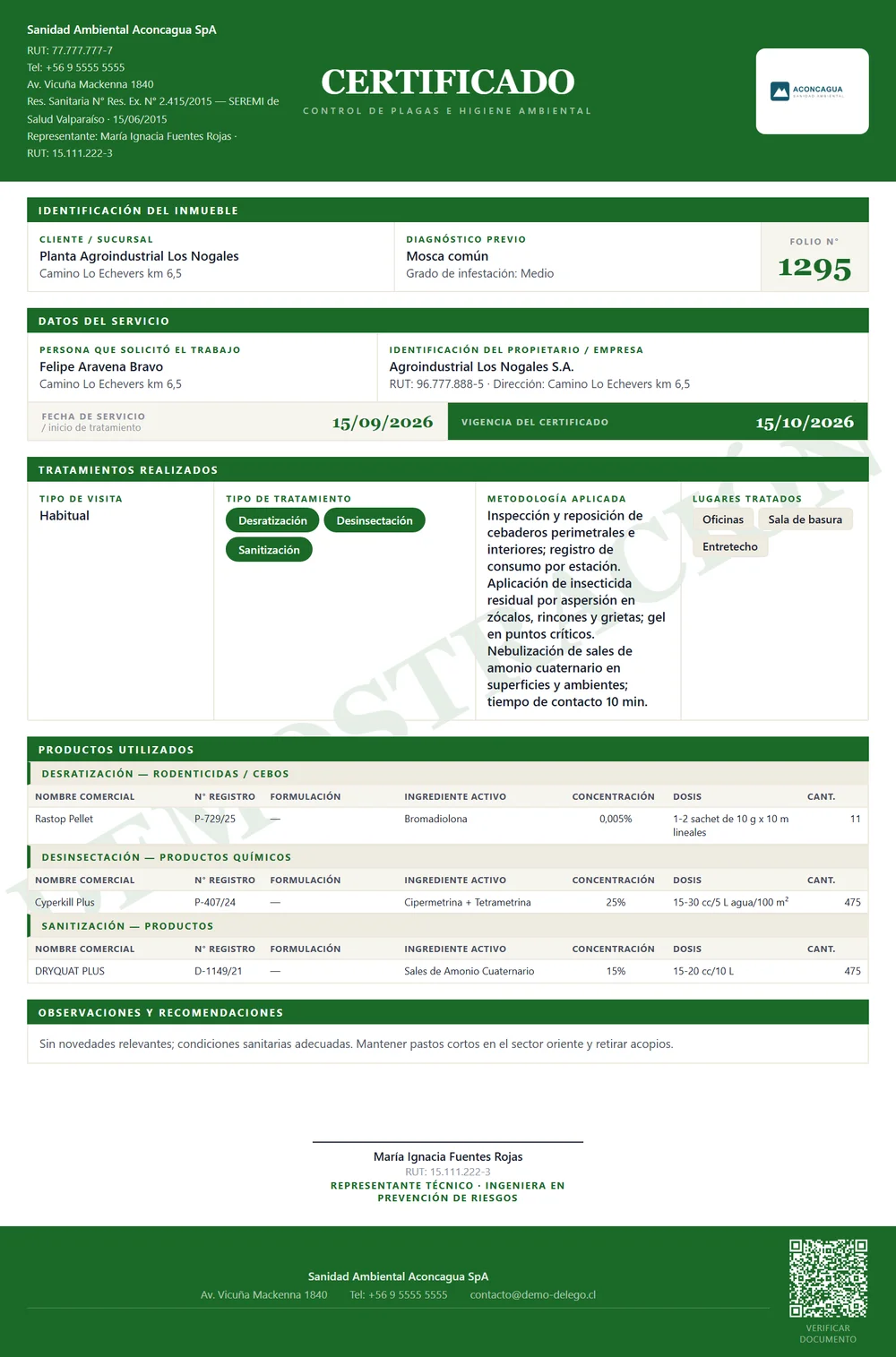 Certificado real con folio, tratamientos, productos con su registro y código QR