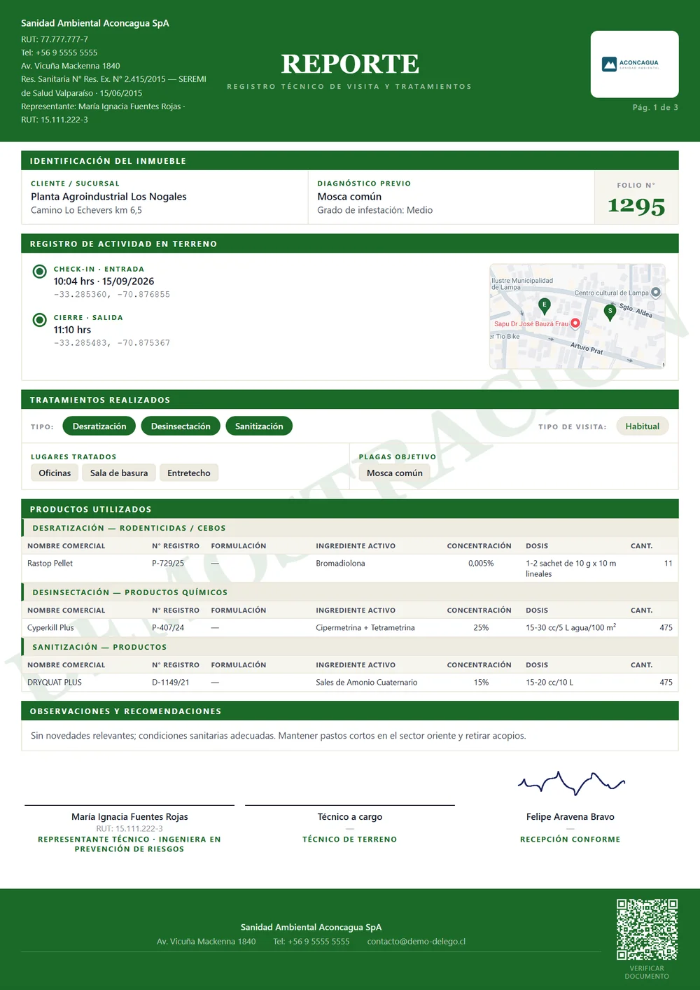 Reporte real de la visita: llegada y salida con ubicación, tratamientos, productos y firmas