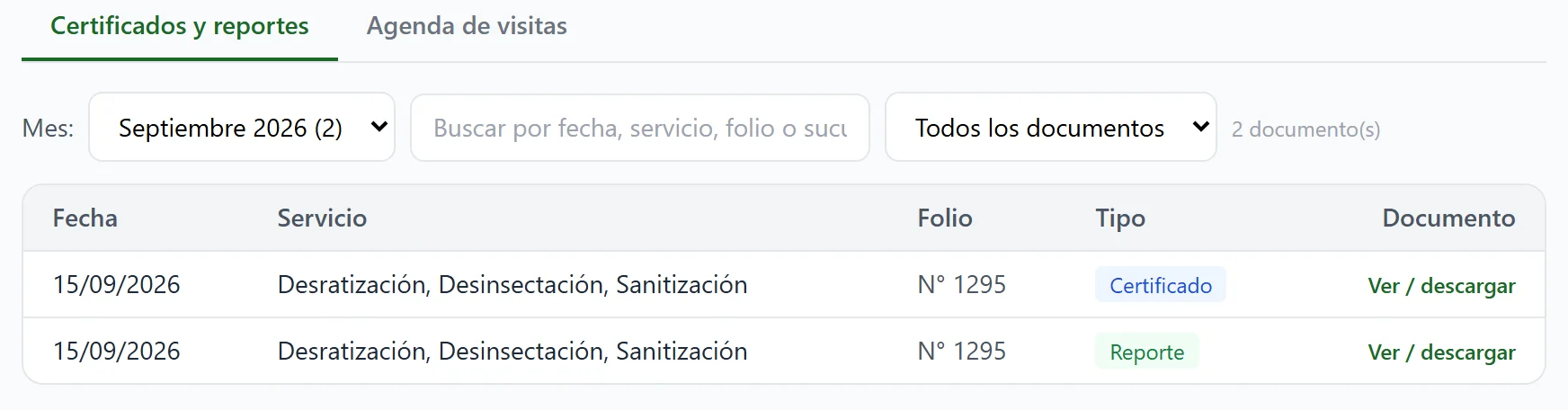 Portal del cliente: sus certificados y reportes del mes, con su folio