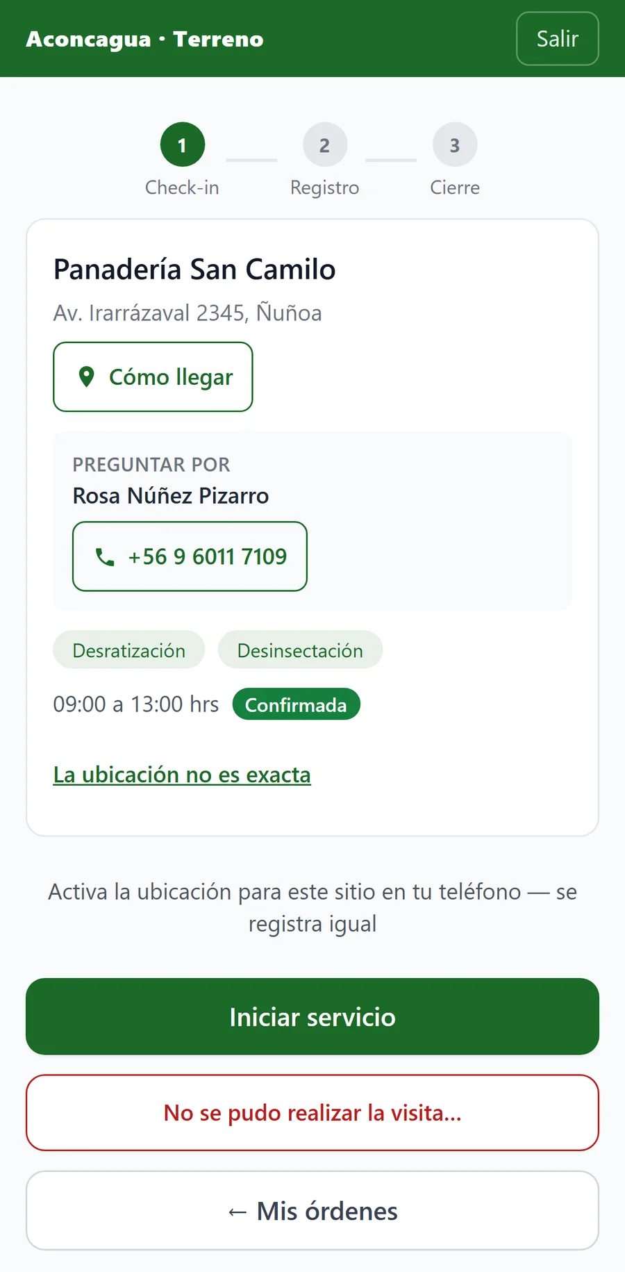 Teléfono del técnico: una visita con su dirección, a quién preguntar, cómo llegar y el botón para iniciar el servicio
